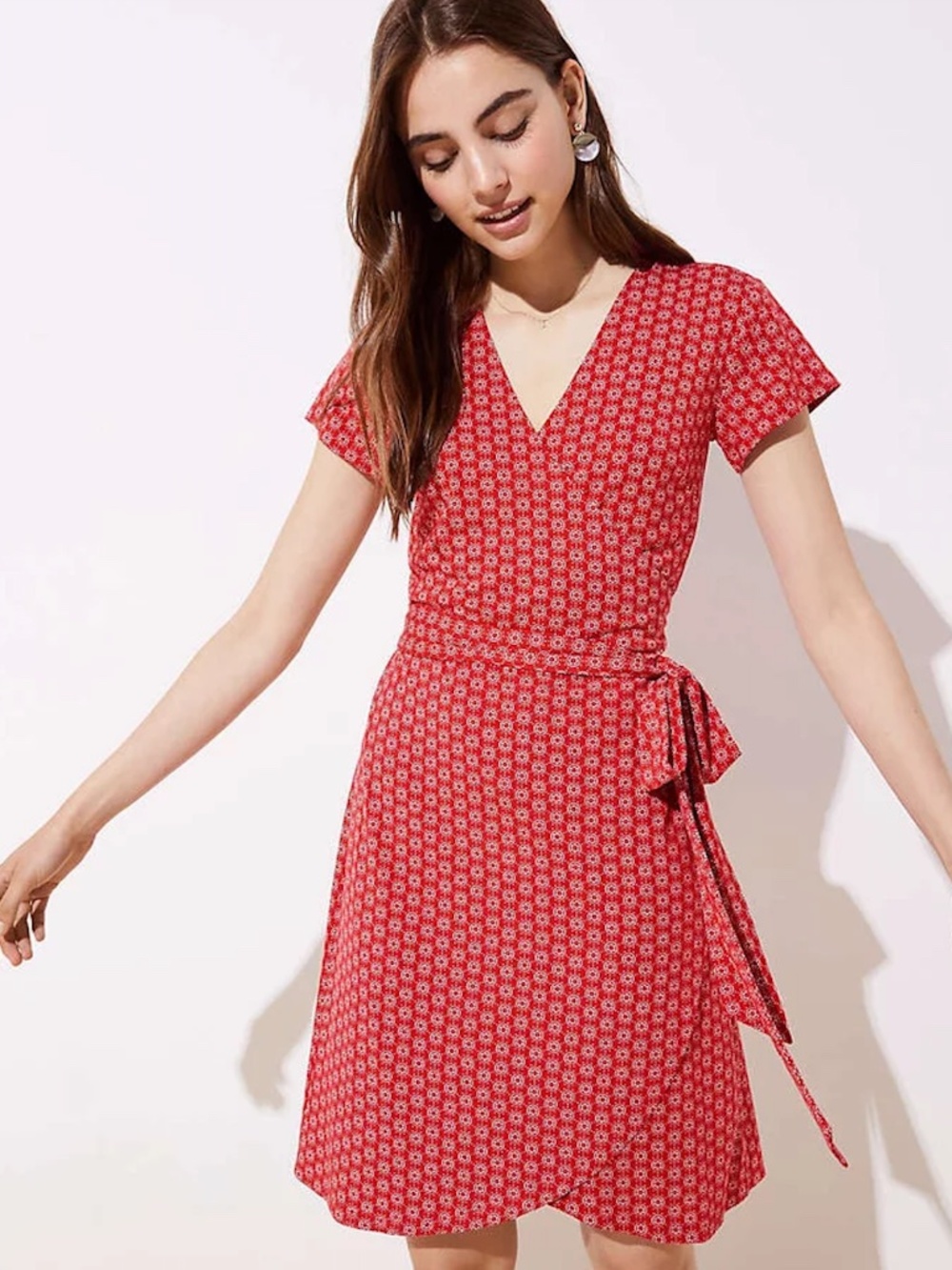 LOFT Red Geometric Medallion Print Knit Wrap Dress Preppy Chic S